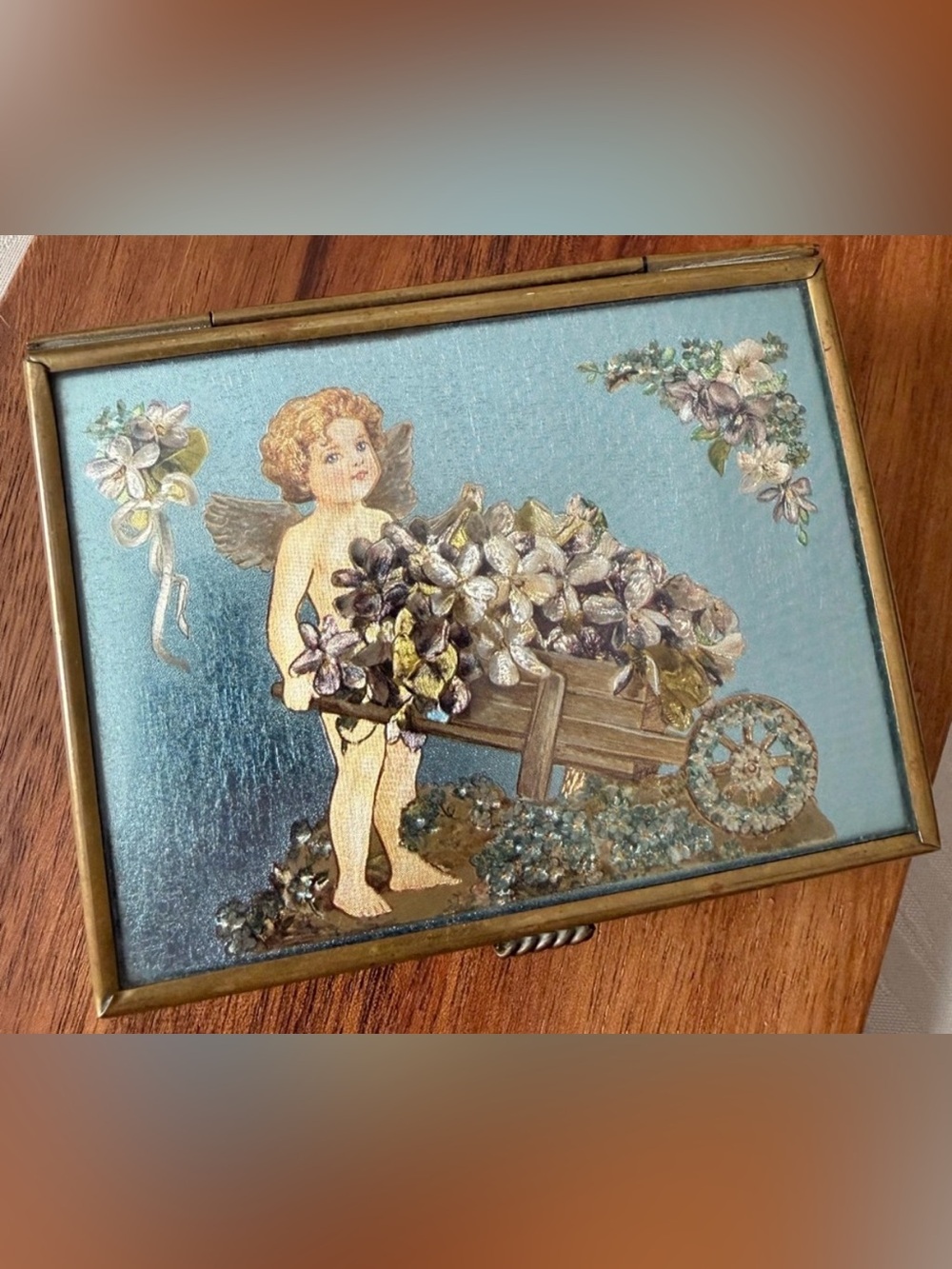 Vintage Gold and Blue Jewelry Organizer Angel Mirrored Glass Trinket box